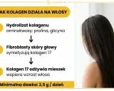 Schemat działania kolagenu do włosów: hydrolizat kolagenu, synteza kolagenu 17 przez fibroblasty, odżywienie mieszka włosowego. Minimalna dawka 2,5 g/dzień.
