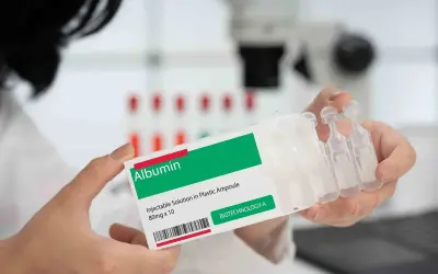 Ręce trzymają opakowanie z napisem "Albumin". To zastrzyk, który może pomóc w leczeniu.