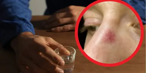 Czerwona plama na twarzy, widoczna po spożyciu alkoholu, może świadczyć o uczuleniu na alkohol.