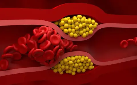 Zator w naczyniu krwionośnym: czerwone krwinki i żółte złogi cholesterolu nie-hdl blokują przepływ.