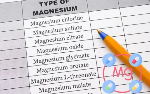 Tabela z rodzajami magnezu, w tym glicynian magnezu. Obok długopis i ikony tabletek.