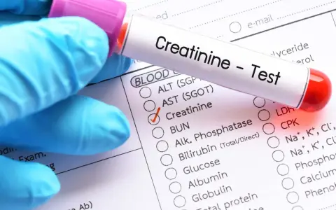 Rękawiczka w niebieskiej rękawiczce trzyma probówkę z napisem "Creatinine - Test". Obok zaznaczono pole "Creatinine" na formularzu badań krwi.