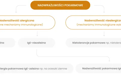 Schemat rozróżnia nadwrażliwość pokarmową: alergiczną (IgE-zależną i niezależną) oraz niealergiczną.