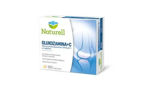 Opakowanie suplementu diety Naturell Glukozamina+C, wspierającego prawidłowe funkcjonowanie chrząstki stawowej. 100 tabletek.