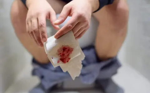Dłoń trzymająca papier toaletowy z widoczną krwią. To może być objaw problemów zdrowotnych, takich jak krew w stolcu.