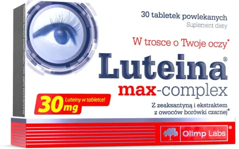 Opakowanie suplementu diety Luteina max-complex, wspierającego zdrowie oczu. Zawiera 30 tabletek z luteiną i zeaksantyną.