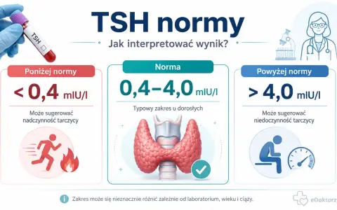 Wyniki TSH normy: poniżej 0,4 mIU/l (nadczynność), 0,4-4,0 mIU/l (norma), powyżej 4,0 mIU/l (niedoczynność).