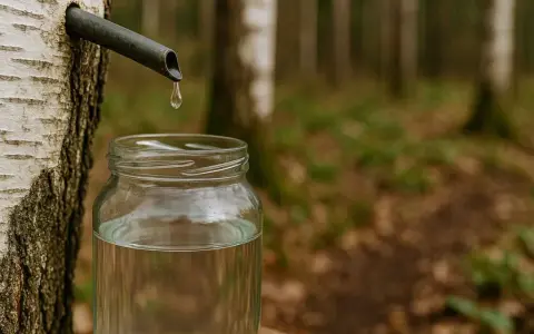 Kropla czystego soku z brzozy kapie do słoika. Wiosenna natura obdarza nas tym cennym płynem.