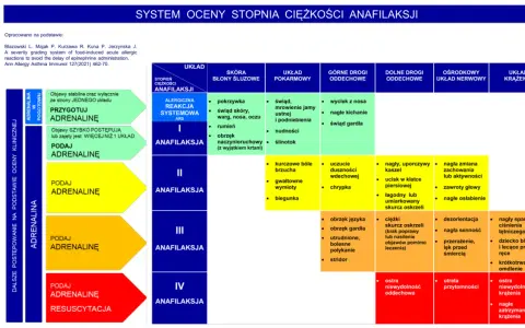 System oceny ciężkości anafilaksji: od łagodnych objawów skórnych po ciężki wstrząs anafilaktyczny z niewydolnością krążenia.