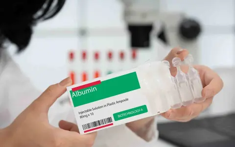 Ręce trzymają opakowanie z napisem "Albumin". To zastrzyk, który może pomóc w leczeniu.