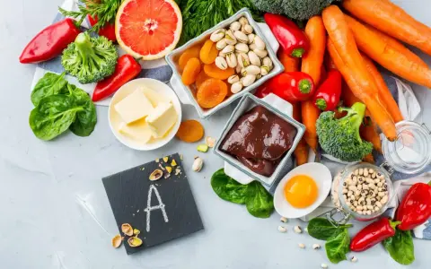 Wykaz produktów bogatych w witaminę A: wątróbka, marchew, szpinak, papryka, jajko, masło, morele, pistacje, fasola.