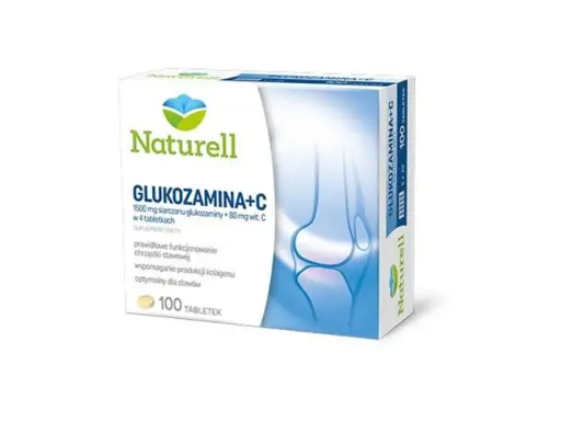 Opakowanie suplementu diety Naturell Glukozamina+C, wspierającego prawidłowe funkcjonowanie chrząstki stawowej. 100 tabletek.