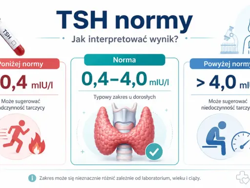 Wyniki TSH normy: poniżej 0,4 mIU/l (nadczynność), 0,4-4,0 mIU/l (norma), powyżej 4,0 mIU/l (niedoczynność).