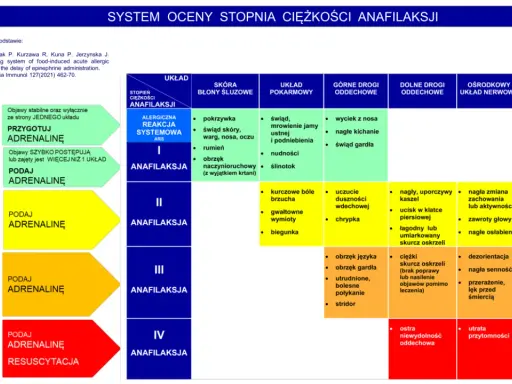 System oceny ciężkości anafilaksji: od łagodnych objawów skórnych po ciężki wstrząs anafilaktyczny z niewydolnością krążenia.