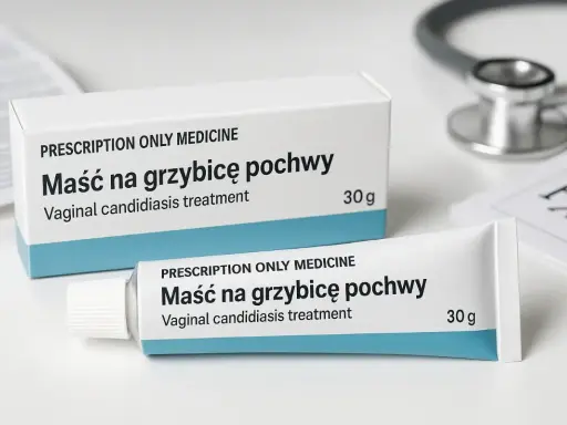 Maść na grzybicę pochwy, lek na receptę, może pomóc w walce z nawracającą grzybicą. Stetoskop i recepta sugerują konsultację lekarską.