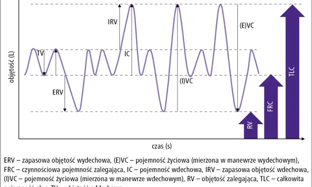 Wykres przedstawia prawidłowy wynik spirometrii z zaznaczonymi objętościami płuc, takimi jak TV, ERV, IRV, IC, (I)VC, (E)VC, RV, FRC i TLC.
