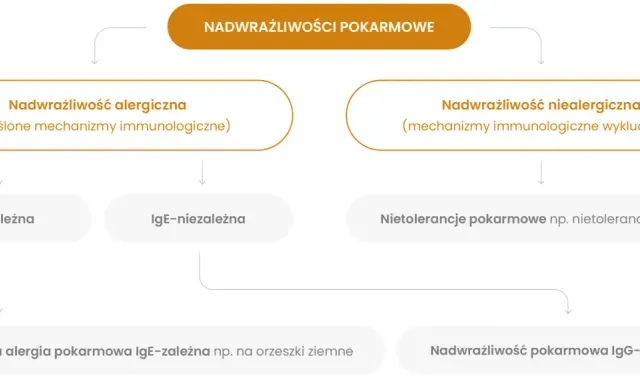 Schemat rozróżnia nadwrażliwość pokarmową: alergiczną (IgE-zależną i niezależną) oraz niealergiczną.