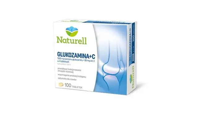 Opakowanie suplementu diety Naturell Glukozamina+C, wspierającego prawidłowe funkcjonowanie chrząstki stawowej. 100 tabletek.
