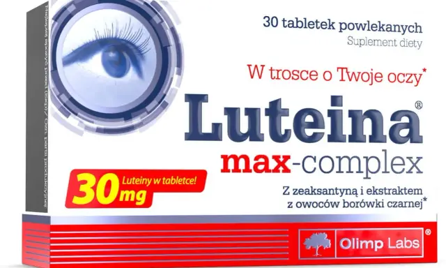 Opakowanie suplementu diety Luteina max-complex, wspierającego zdrowie oczu. Zawiera 30 tabletek z luteiną i zeaksantyną.