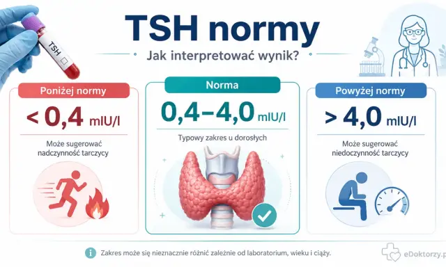 Wyniki TSH normy: poniżej 0,4 mIU/l (nadczynność), 0,4-4,0 mIU/l (norma), powyżej 4,0 mIU/l (niedoczynność).