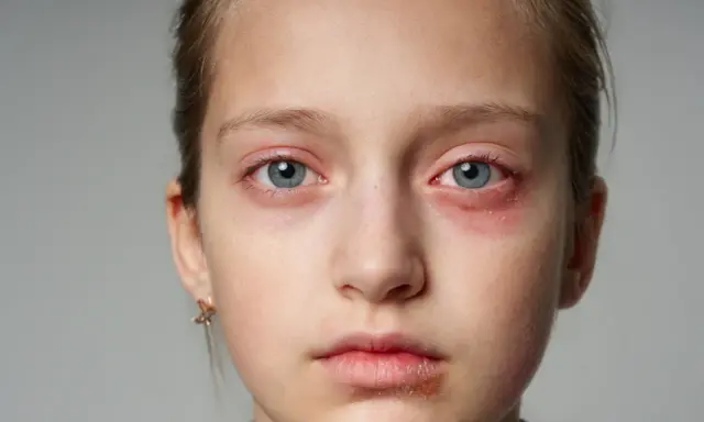 Czerwona, swędząca wysypka na twarzy dziewczynki, szczególnie wokół oczu i ust, sugeruje alergię lub podrażnienie.