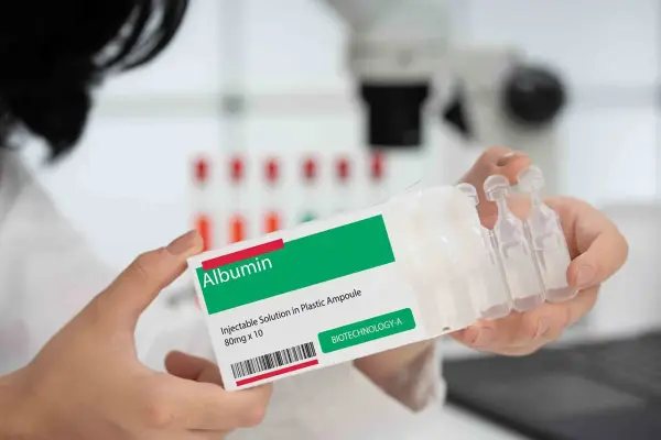 Ręce trzymają opakowanie z napisem "Albumin". To zastrzyk, który może pomóc w leczeniu.